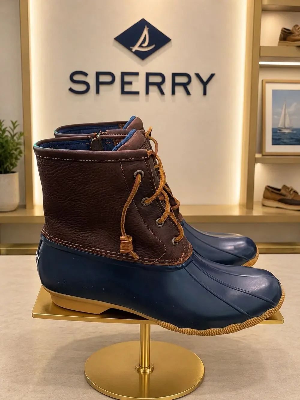 NIB Sperry Saltwater Duck Boot Tan Navy Waterproof Women’s Size 11M